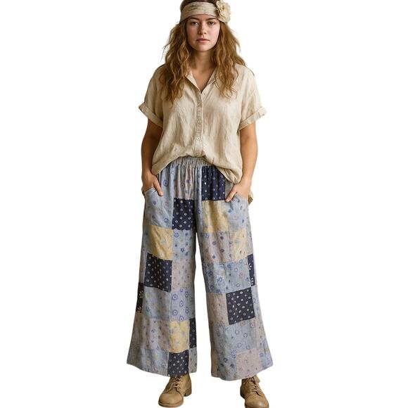 Blue Sky Pants - Blue Sky Patchwork Pants Wide Leg Rayon Ditsy Floral Boho Indie Cottage Size XL